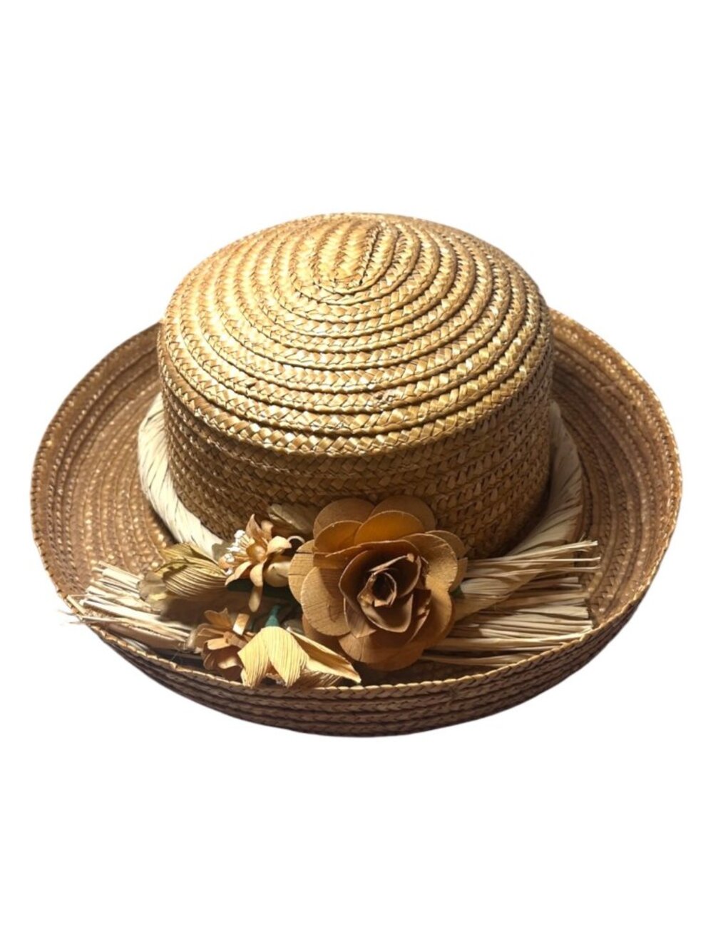 Vintage Straw Boater Sun Hat Floral 3D Flowers Victorian Cottagecore Gardening